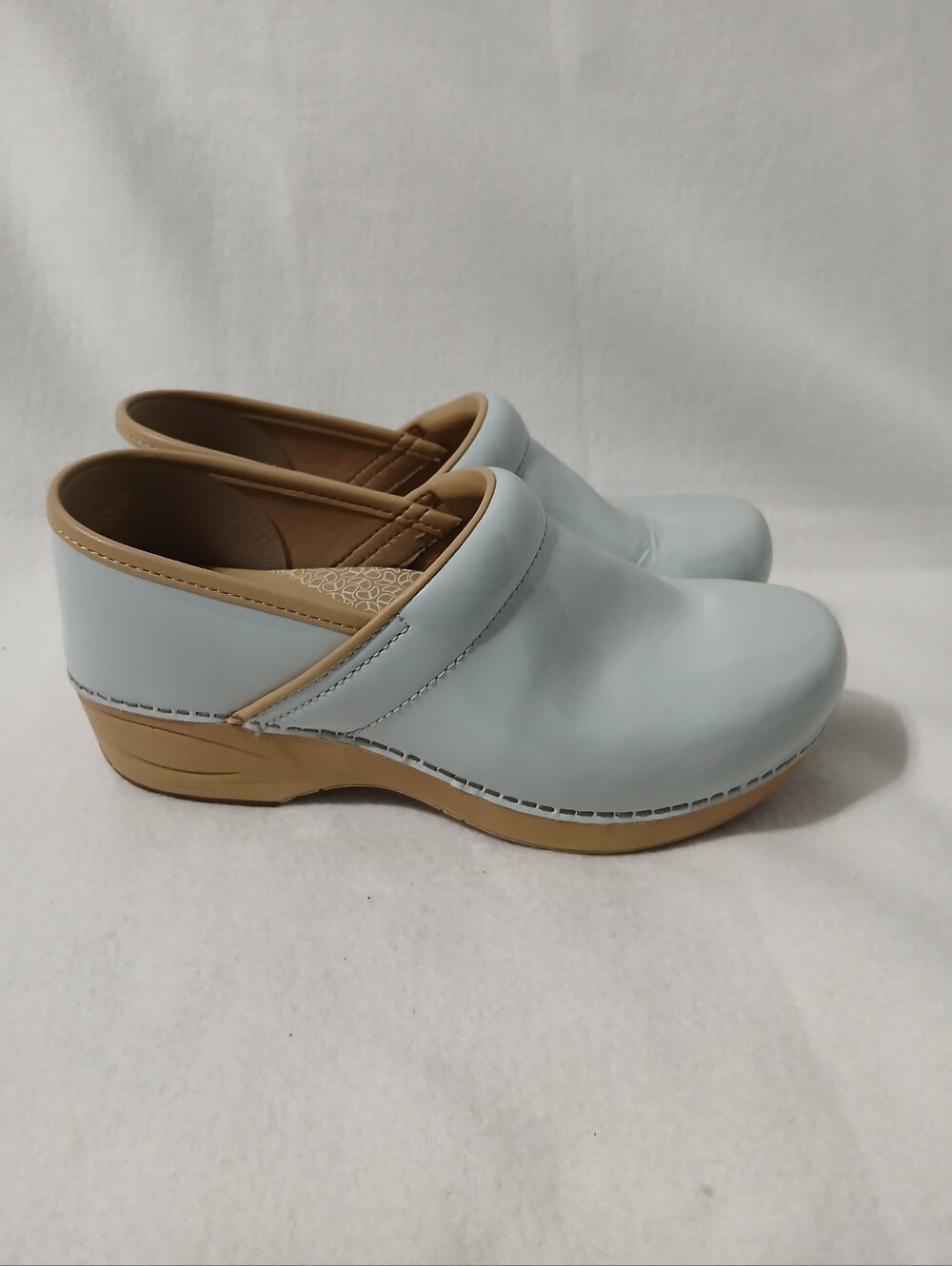 Dansko Light Blue Clog Mules with Tan Sole